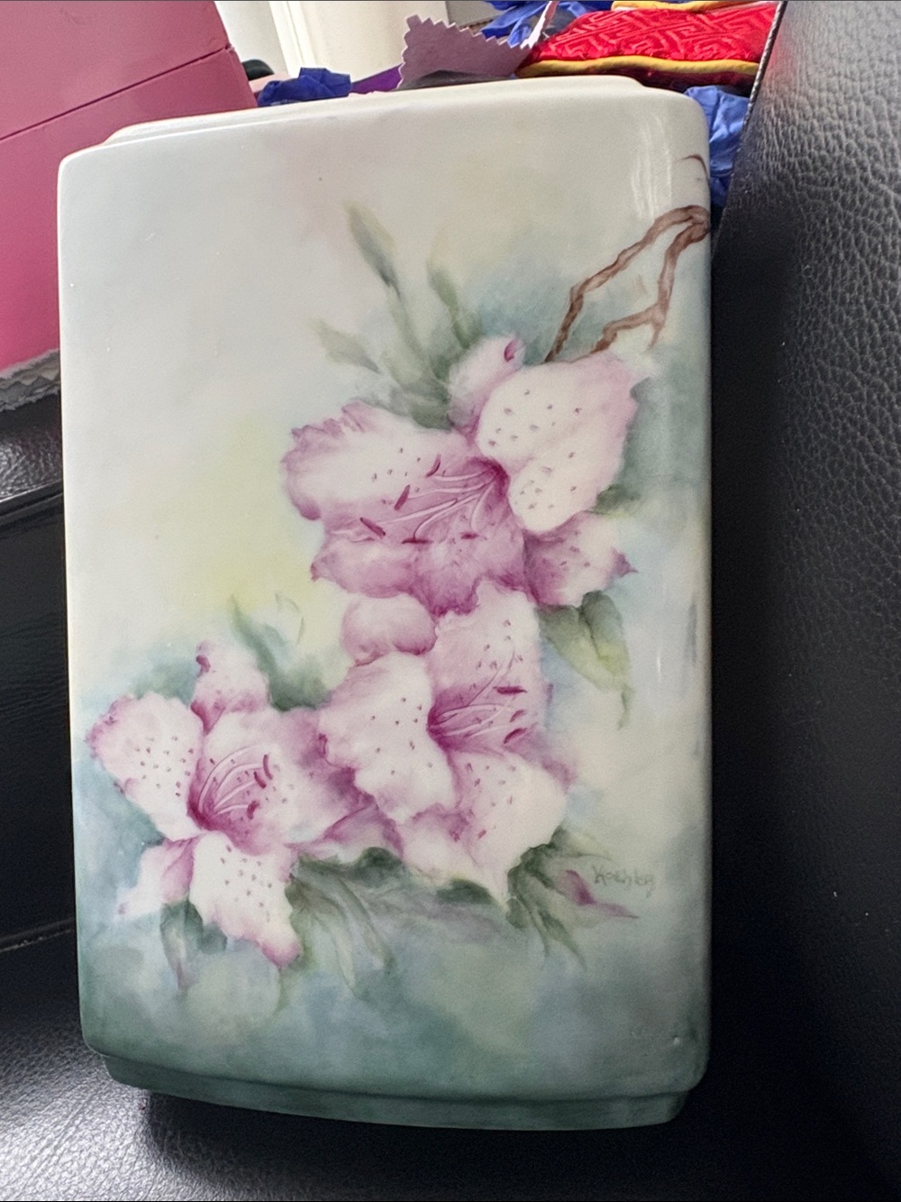Vintage Hand-Painted Pink Floral Porcelain pillow Vase By Painter Koehler